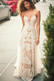 Elegant Spaghetti Straps Tulle Beach Wedding Dress Lace Appliques Bride Dresses