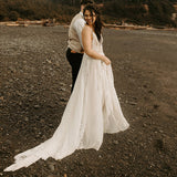 Elegant Spaghetti Straps V Neck Chiffon Backless Beach Wedding Dresses Bride Gowns Rjerdress