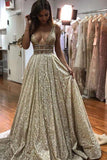 Elegant Sparkly V Neck Open Back Sequin Shiny Long Sleeveless Prom Dresses RJS105 Rjerdress
