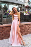 Elegant Stain A Line Chiffon Pink Cheap Long Party Prom Dresses With Split