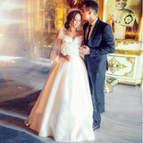 Elegant Stain Off the Shoulder Sleeveless Ball Gown Wedding Dress, Floor Length Bride Gowns Rjerdress