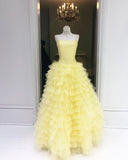 Elegant Strapless Floor Length Yellow Prom Dresses Ball Gown Quinceanera Dresses Rjerdress
