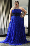Elegant Straps Blue Lace Sleeveless A-Line Floor-Length Zipper Plus Size Prom Dresses RJS223
