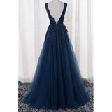 Elegant Tulle Appliques Beaded A-Line Sleeveless Backless Blue V-Neck Prom Dresses rjs775 Rjerdress