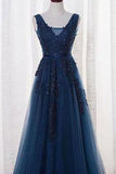 Elegant Tulle Appliques Beaded A-Line Sleeveless Backless Blue V-Neck Prom Dresses rjs775 Rjerdress