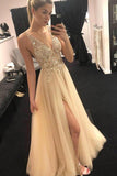 Elegant Tulle Beads Straps Prom Dresses with Split Long Cheap Evening Dresses rjs782
