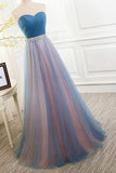 Elegant Tulle Long Vintage Sleeveless Sweetheart Strapless Blue Lace-up Prom Dresses RJS778