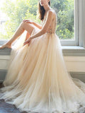 Elegant Tulle V Neck Beaded Rhinestones A-line Prom Gowns Slit Long Prom Dresses RJS530 Rjerdress