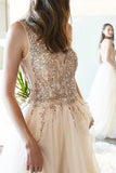 Elegant Tulle V Neck Beaded Rhinestones A-line Prom Gowns Slit Long Prom Dresses RJS530 Rjerdress