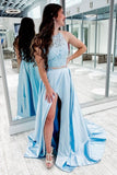 Elegant Two Piece A Line  Blue Prom Dresses Sweep Train With Slit