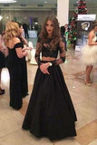 Elegant Two Piece A-line Lace Long Sleeves Black Prom Dresses RJS857