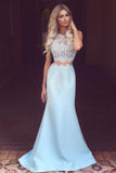 Elegant Two Piece Mermaid Blue Lace High Neck Cap Sleeve Satin Prom Dresses UK Rjs419 Rjerdress