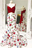 Elegant Two Pieces Mermaid Red Floral Bowknot Sweetheart Spaghetti Straps Prom Dresses RJS267 Rjerdress