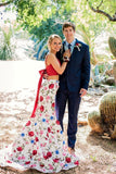 Elegant Two Pieces Mermaid Red Floral Bowknot Sweetheart Spaghetti Straps Prom Dresses RJS267