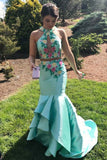 Elegant Two Pieces Sheath Mermaid Mint Open Back Long Prom Dresses