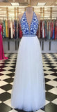 Elegant V Neck Halter White and Blue Embroidery Long Prom Dress with Slit Formal Dress RJS926 Rjerdress