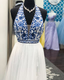 Elegant V Neck Halter White and Blue Embroidery Long Prom Dress with Slit Formal Dress RJS926 Rjerdress