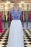 Elegant V Neck Halter White and Blue Embroidery Long Prom Dress with Slit Formal Dress RJS926