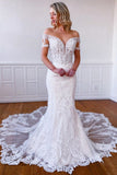 Elegant V-Neck Lace Fitted Vintage Mermaid Short Sleeve Wedding Dresses RJS495