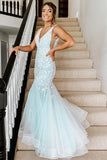 Elegant V Neck Mermaid Mint Tulle Lace Applique Long Prom Dress