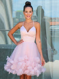 Elegant V Neck Sleeveless Long Pink Homecoming Dress with Flower Open Back RJS465