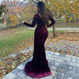Elegant Velvet Mermaid Long Sleeve Side Split Prom Dresses Rjerdress