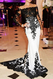 Elegant White Black Lace Appliques Mermaid Long Sleeves Satin Prom Dresses UK RJS516 Rjerdress