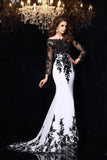 Elegant White Black Lace Appliques Mermaid Long Sleeves Satin Prom Dresses UK RJS516