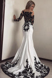 Elegant White Black Lace Appliques Mermaid Long Sleeves Satin Prom Dresses UK RJS516 Rjerdress