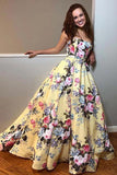 Elegant Yellow Floral Prints Satin Sweetheart Strapless Prom Dresses Long Evening Dresses P1082 Rjerdress