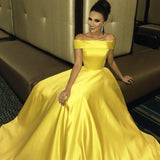 Elegant Yellow Off The Shoulder Satin A Line Princess with Pockets Prom Dresses UK RJS477