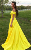 Elegant Yellow Off The Shoulder Satin A Line Princess with Pockets Prom Dresses UK RJS477 Rjerdress