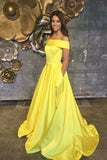Elegant Yellow Off The Shoulder Satin A Line Princess with Pockets Prom Dresses UK RJS477 Rjerdress