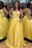 Elegant Yellow Spaghetti Straps A Line Satin V Neck Prom Dresses With Beads Pockets Rjerdress