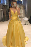 Elegant Yellow Spaghetti Straps A Line Satin V Neck Prom Dresses With Beads Pockets Rjerdress