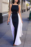 Elegant black & white chiffon long prom dresses summer dress with straps Rjerdress