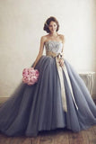Elegant gray tulle organza sweetheart lace A-line ball gown dresses wedding dresses Rjerdress