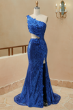 Elegant Mermaid Cut Out Oner Shoulder Sequins Split Prom Dress With Appliques
