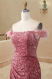 Elegant Off The Shoulder Sequin Mermaid Feather Sweetheart Slit Prom Dresses UK rjs412