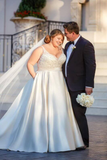 Embroidery Beadings Deep V Neck Plus Size Wedding Dresses Ivory Satin Oversize Wedding Gowns Rjerdress