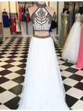 Embroidery Two Piece White Prom Dresses Two Pieces Pageant Gowns RJS551 Rjerdress