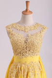 Enchanted Bateau A-Line Court Train Party Dresses With Applique & Bow-Knot Daffodil Rjerdress