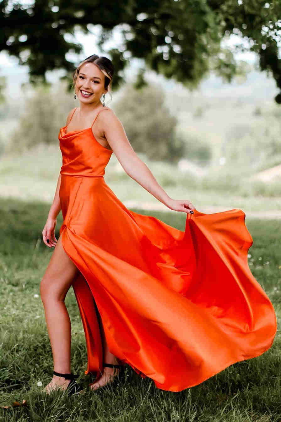 Evening Dresses Spaghetti Straps Satin With Slit A Line Floor Length Prom Dress Rjerdress