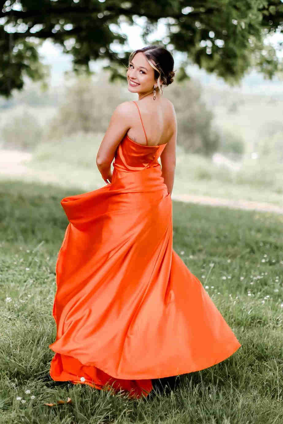 Evening Dresses Spaghetti Straps Satin With Slit A Line Floor Length Prom Dress Rjerdress