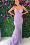 Evening Dresses V Neck Lace Mermaid Sweep Train Open Back Prom Gown Rjerdress