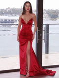 Evening & Prom Dresses Red Sweetheart Mermaid/Trumpet Satin Court Train