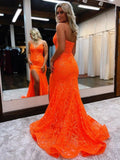 Excellent Orange Mermaid Spaghetti Straps Sequins Split Prom Dress Rjerdress