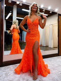 Excellent Orange Mermaid Spaghetti Straps Sequins Split Prom Dress Rjerdress