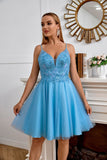 Exquisite Blue A Line Spaghetti Straps V Neck Sleeveless Applique Tulle Homecoming Dress Rjerdress