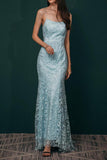 Exquisite Sky Blue Spaghetti Straps Tulle Prom Dresses Mermaid With Applique
